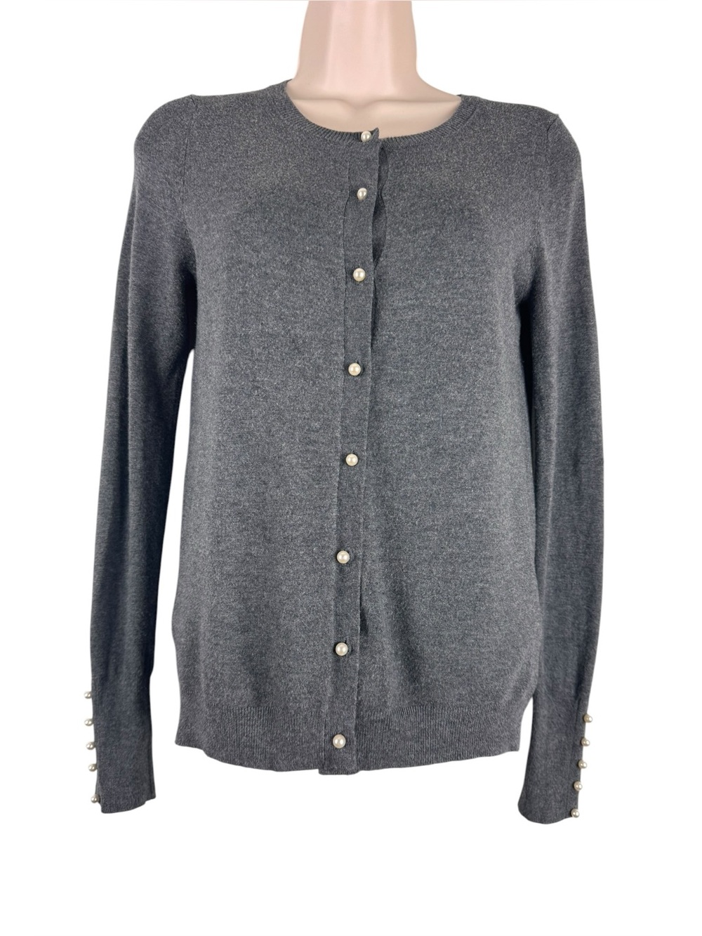Zara Gray Pearl Button Cardigan Crewneck Knit Sweater Small